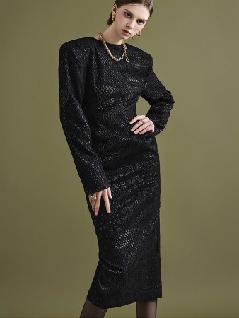 D9462 Lace Puff Sleeve Slim Midi Dress Korea