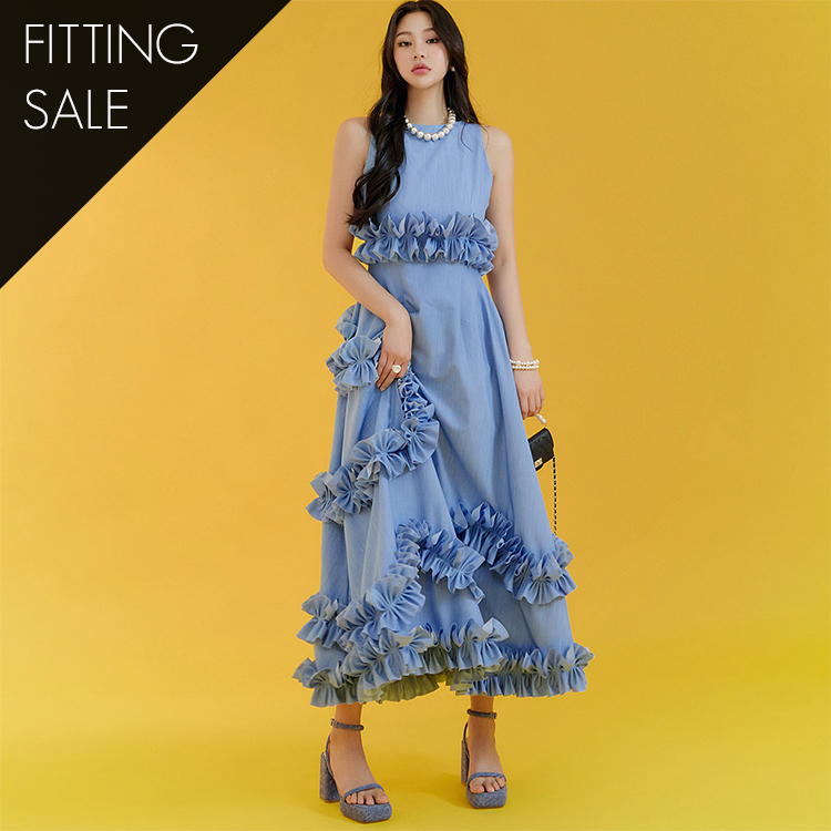 PS3149  Denim Frill Sleeveless Midi Dress*Fitting sale* Korea