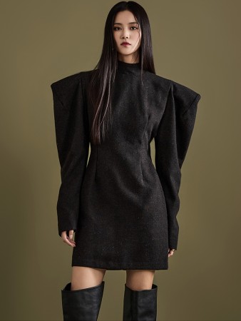 D9314 Herringbone Wool Pad Mini Dress Korea