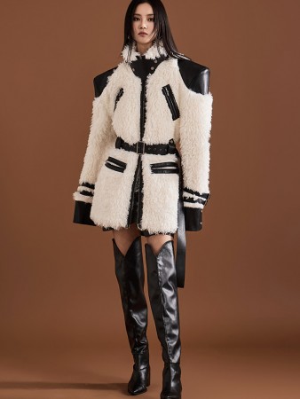 MBDJ063 Boucle Fur Leather Color scheme Half Shearling Jacket(Belt Set) Korea