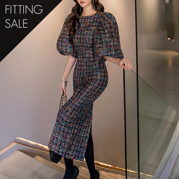 PS3157 Tweed Spangle Big Puff Sleeve Midi Dress*Fitting sale* Korea