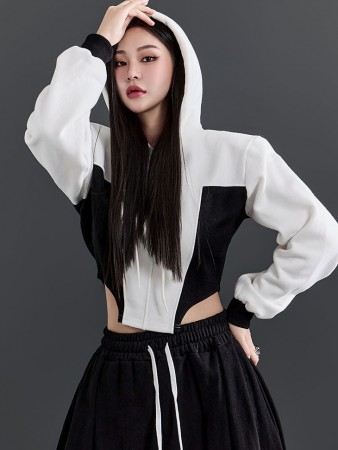 E3255 Unbalance Color scheme Pad Fleece-lined Hood Top Korea