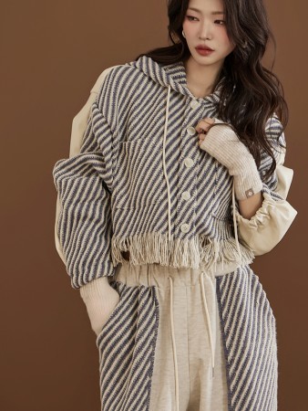 J2125 Stripe Fringe Hood Jacket Korea