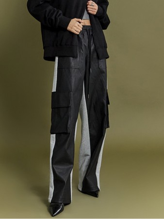 P3028 Leather Color scheme Bendable Long Pants Korea