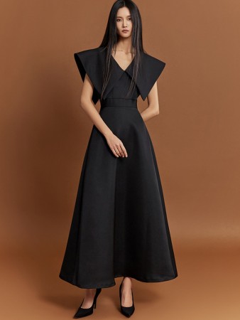 D9465 Glossy Big-collar Sleeveless Long Dress Korea