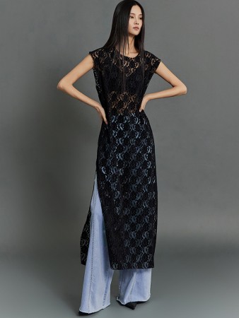 D4822 Velvet Lace Layered Long Dress Korea