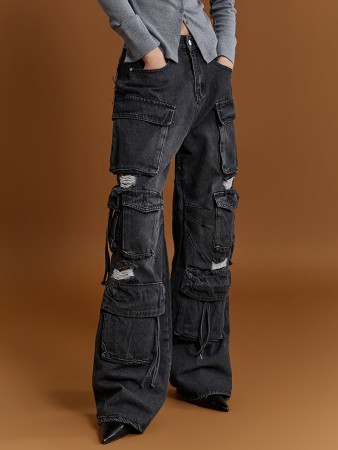 PJ491 Cargo Pocket Wide Jeans Korea