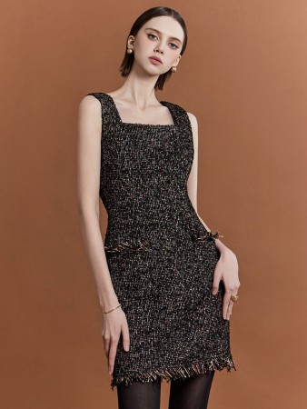 D9463 Tweed Fringe Sleeveless Mini Dress Korea