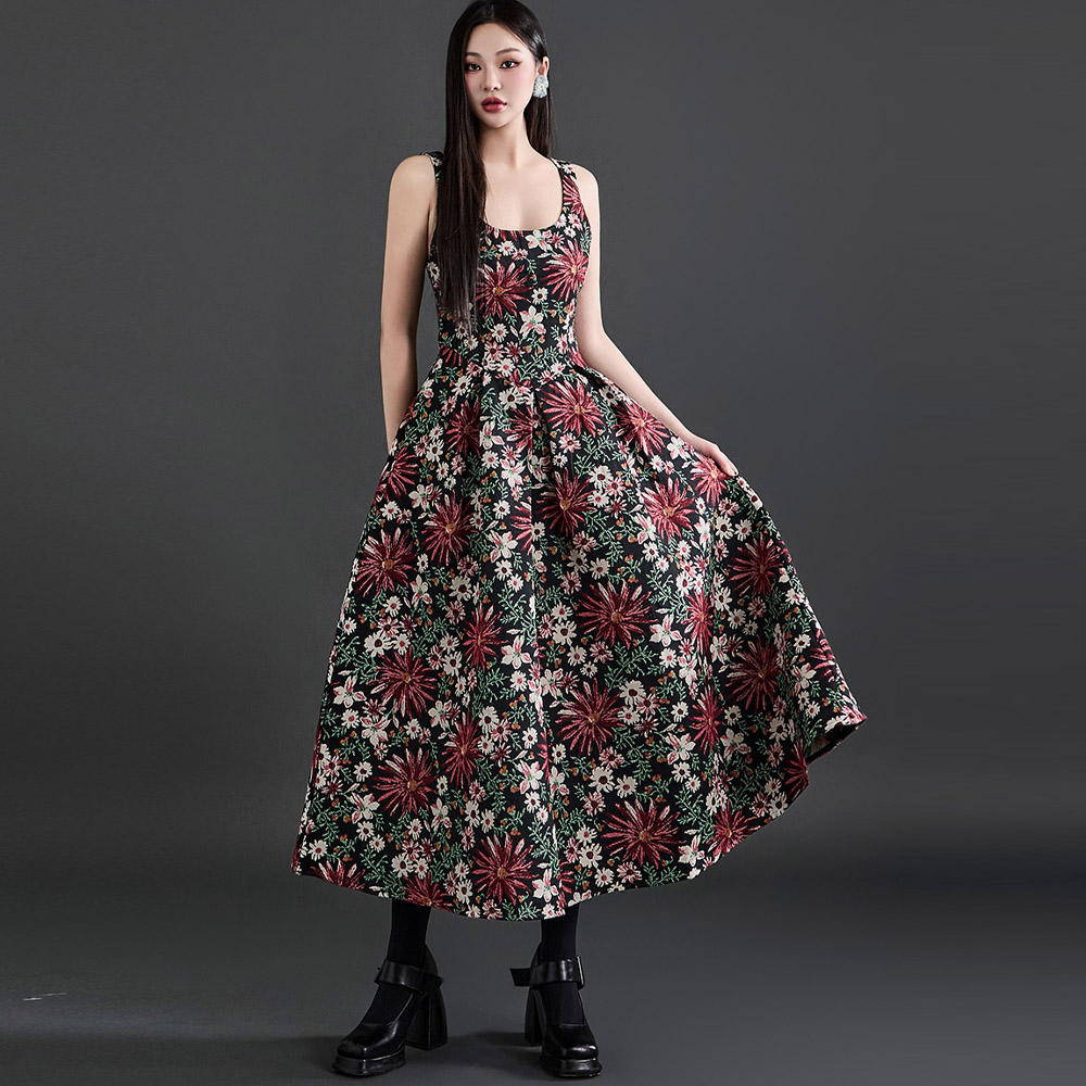 D4866 Jacquard Flower Midi Dress Korea