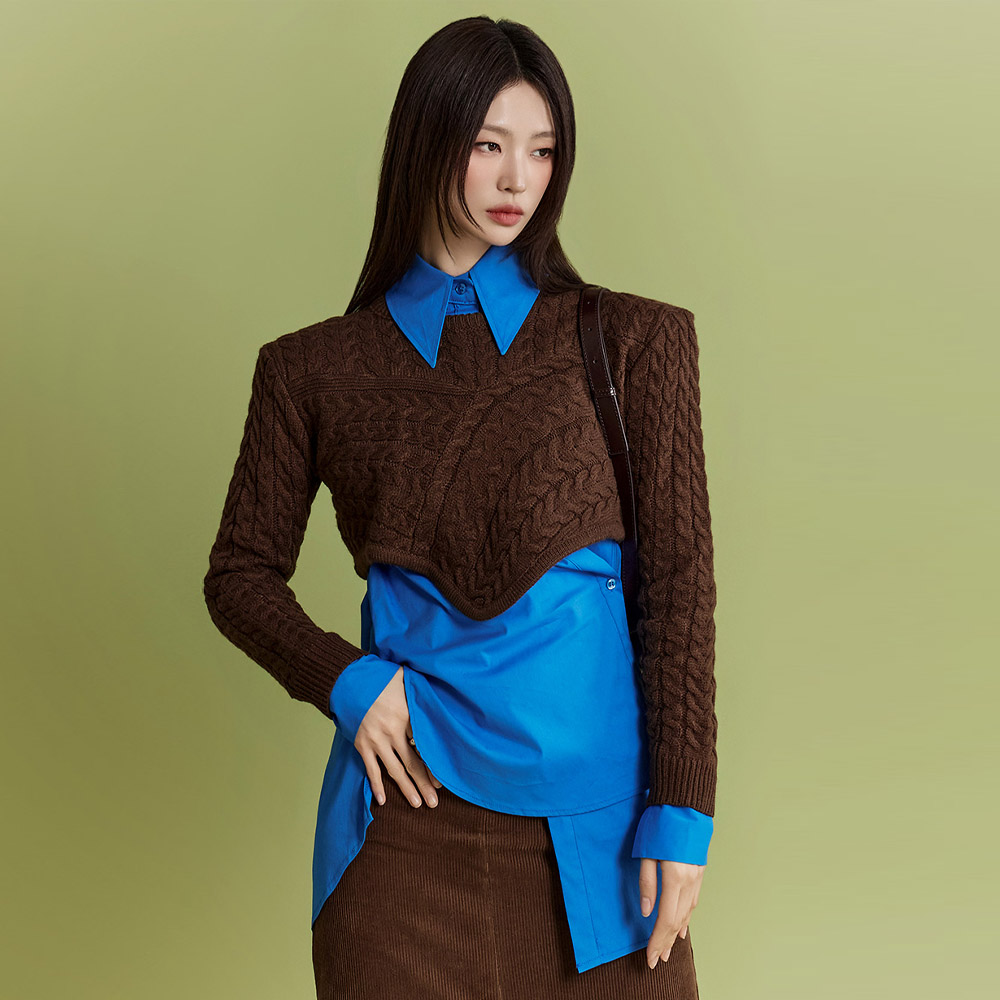 E3262 Unbalance Crop Shoulder Pad Knit Korea