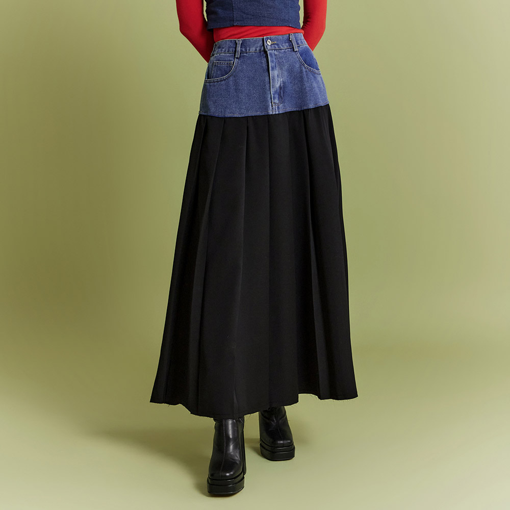 SK2643 Denim Color Scheme Pleats Long Skirt Korea