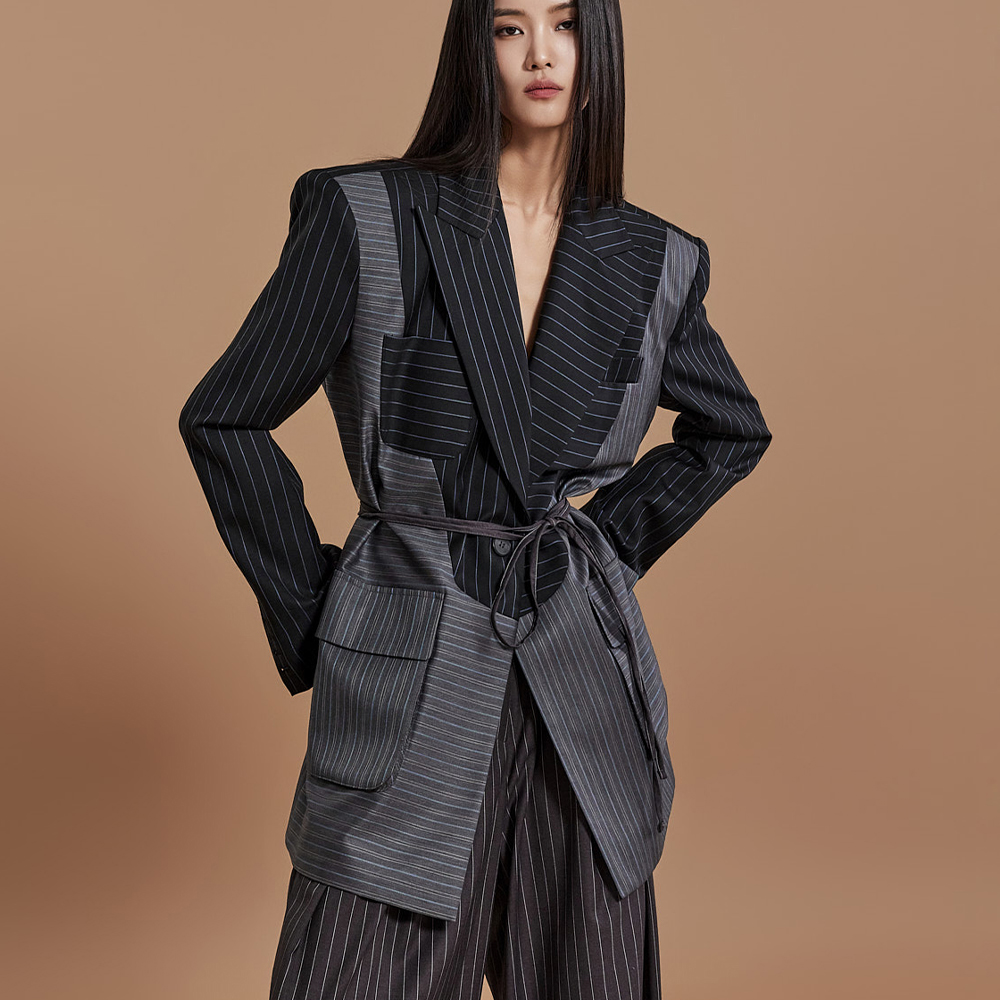 MBDJ024 Wool Stripe Mix Pattern Single Jacket Korea