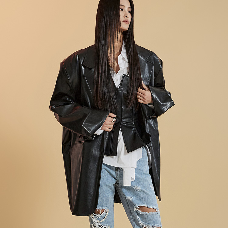J9270 Crack Leather Oversized Fit Single Jacket Korea