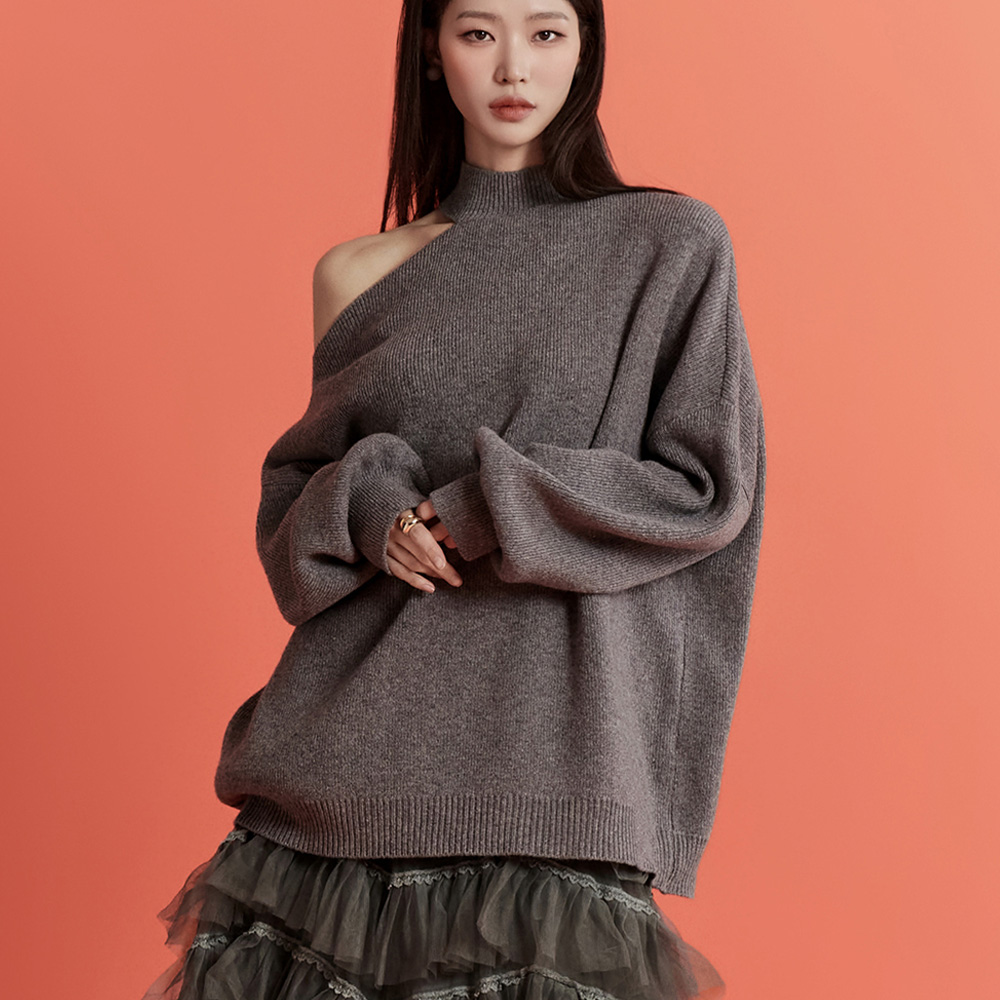 E3265 Wool Shoulder Cutout Loose Fit Long Knit Korea