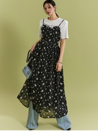 D4882 Chiffon Flower Embroidery Long Dress Korea