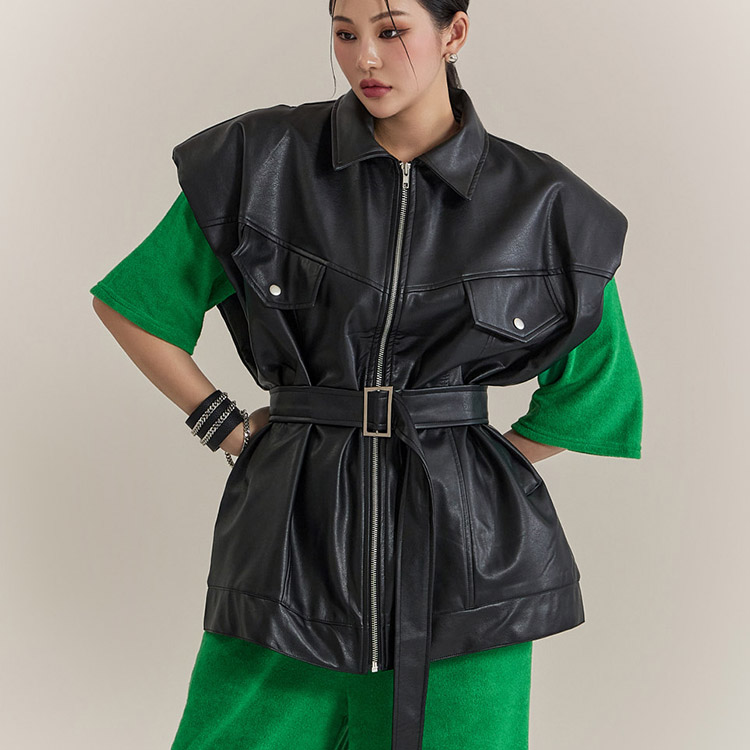J2167 Leather Oversized Fit Vest(Belt set) Korea