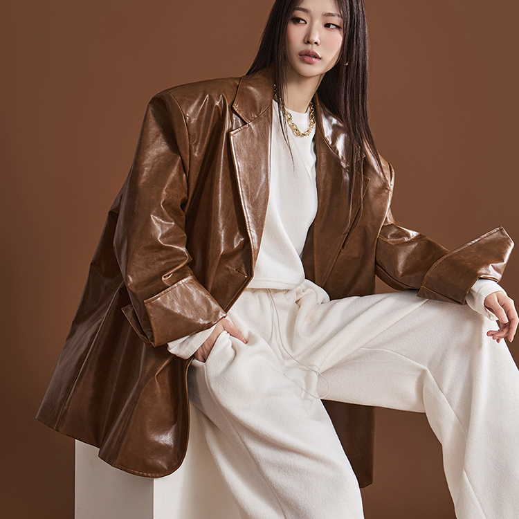 J9270 Crack Leather Oversized Fit Single Jacket Korea