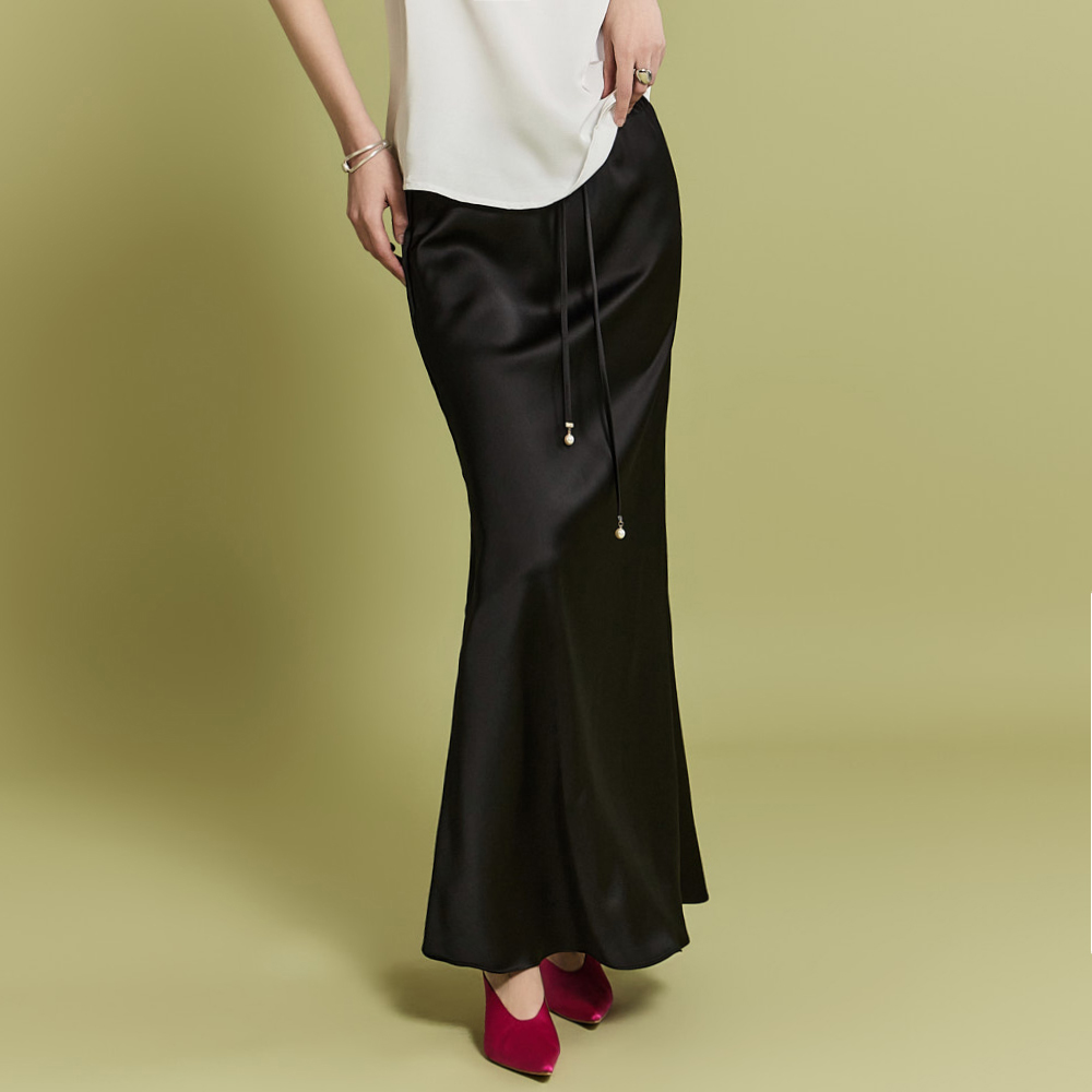 SK2656 Satin Pearl Strap Bendable Long Skirt Korea