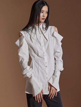 S9026 Shoulder Slit Pintuck Shirt Korea