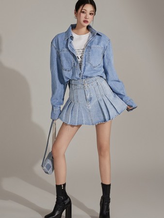 SK2666 Denim Pleats Mini Skirt (Belt set)<BR>*L size production* Korea
