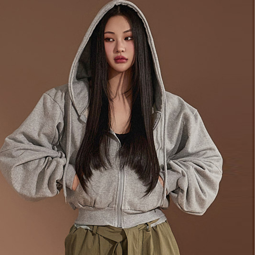 J2206 Zipper Crop Sweatshirt Hoodie Korea
