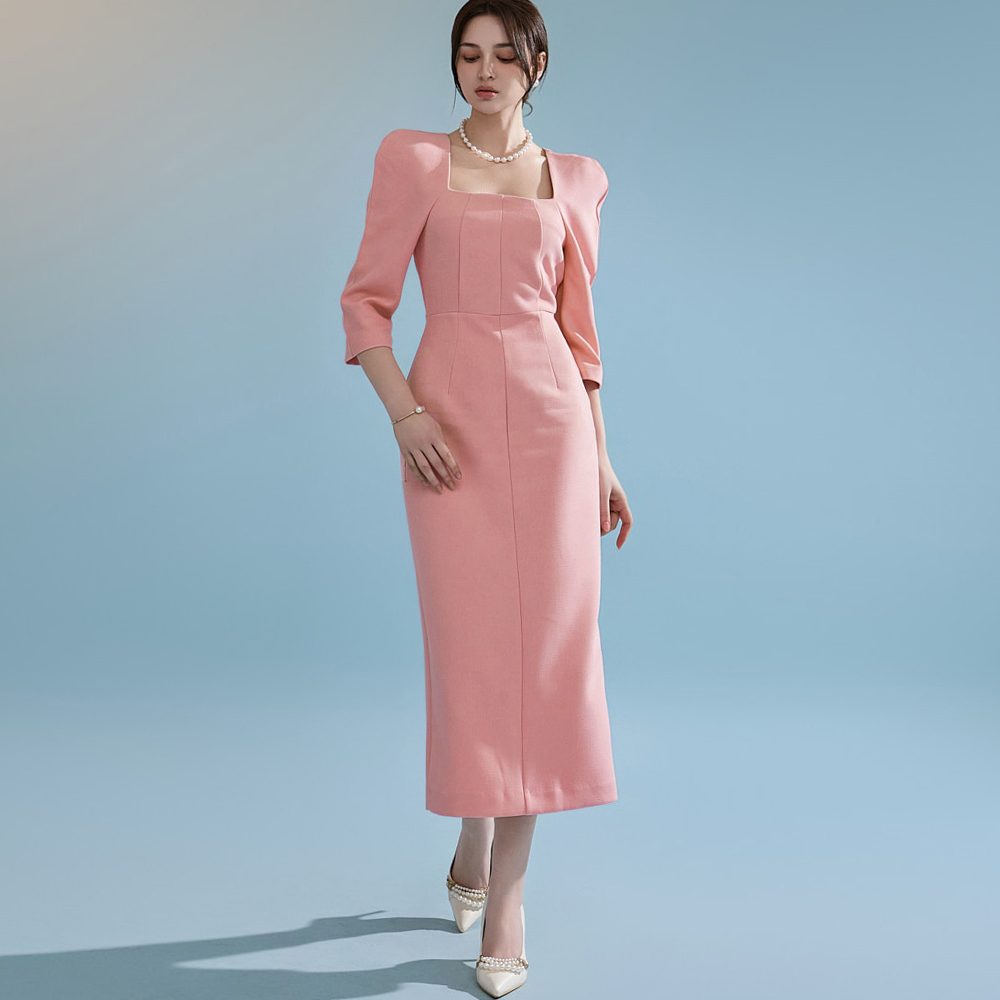 D4910 Square Neck Slim<br>Midi Dress Korea