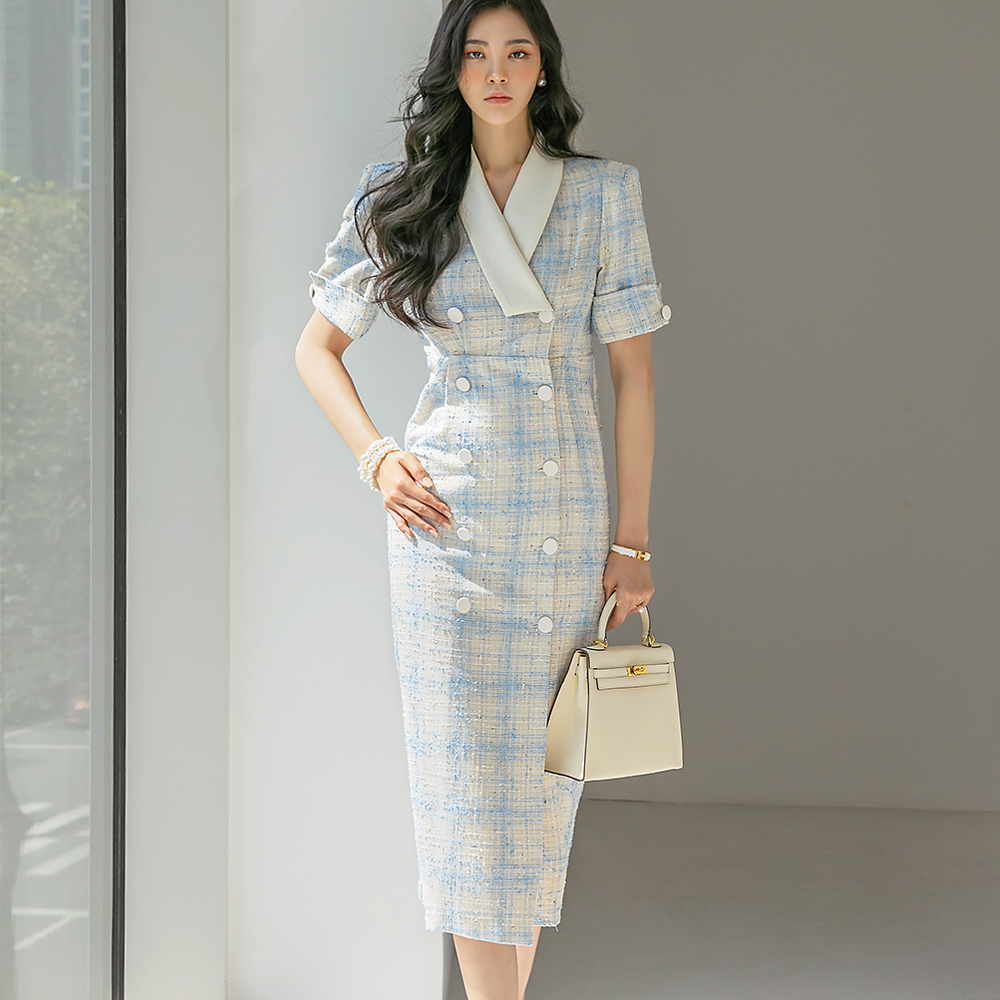 D4458 Contrasting Color Tweed Pattern Midi Dress Korea