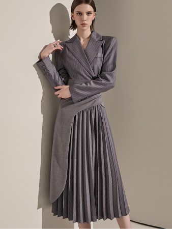 D4917 Stripe Pleats Midi Dress(Belt Set) Korea