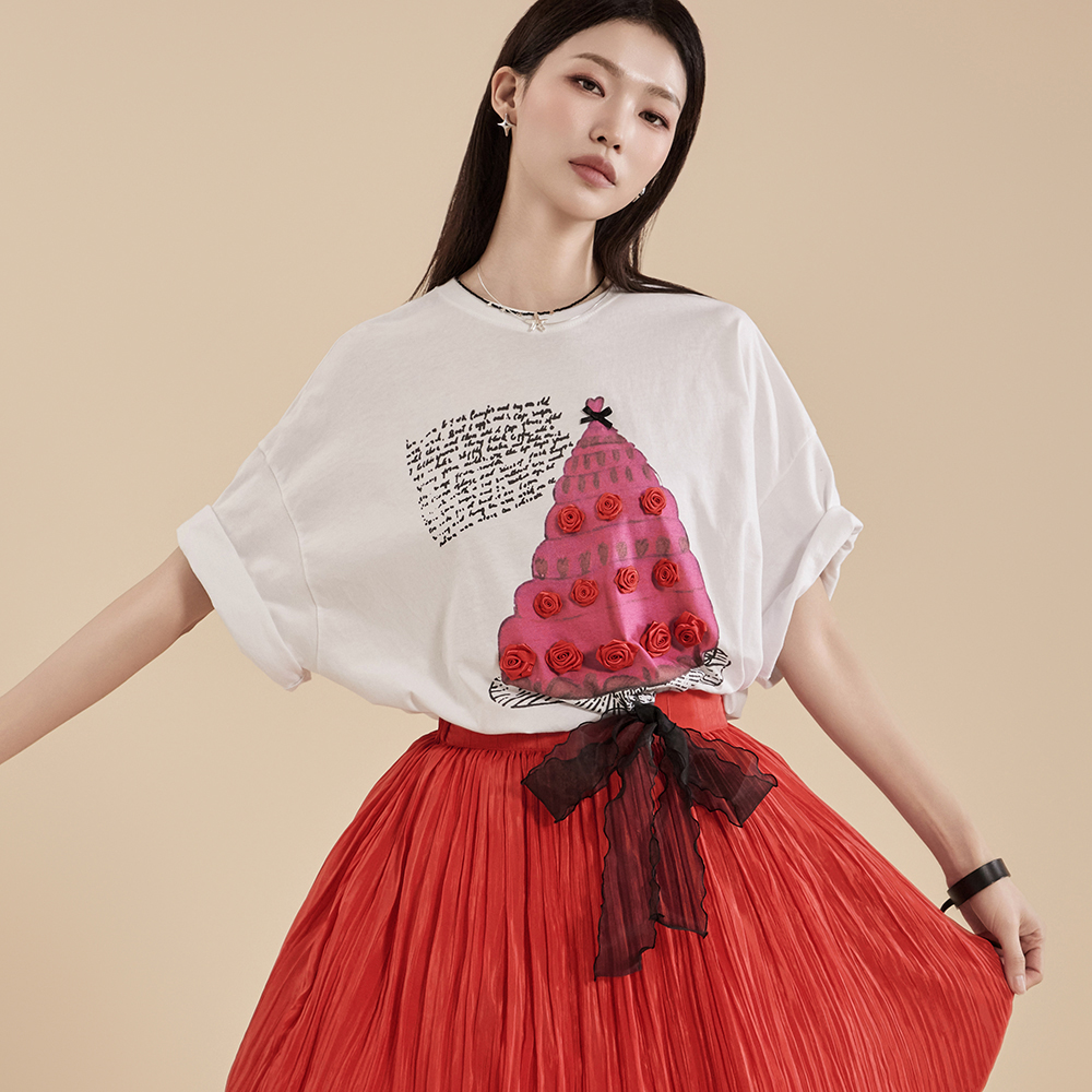 E3301 Rose Ribbon Printed T-Shirt Korea