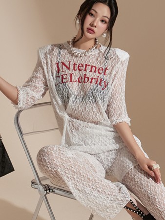 E3316 Text Printed Lace Shoulder Padded Top Korea