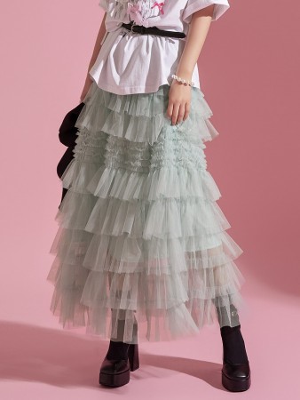 SK2637 Tulle Tiered Elastic Waist Long Skirt Korea