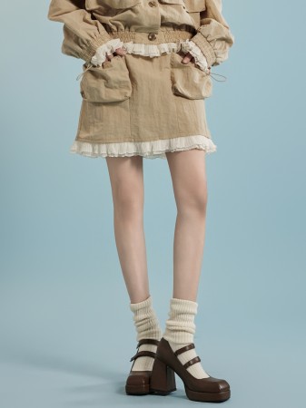SK2683 Shirring Pocket Lace Mini Skirt Korea