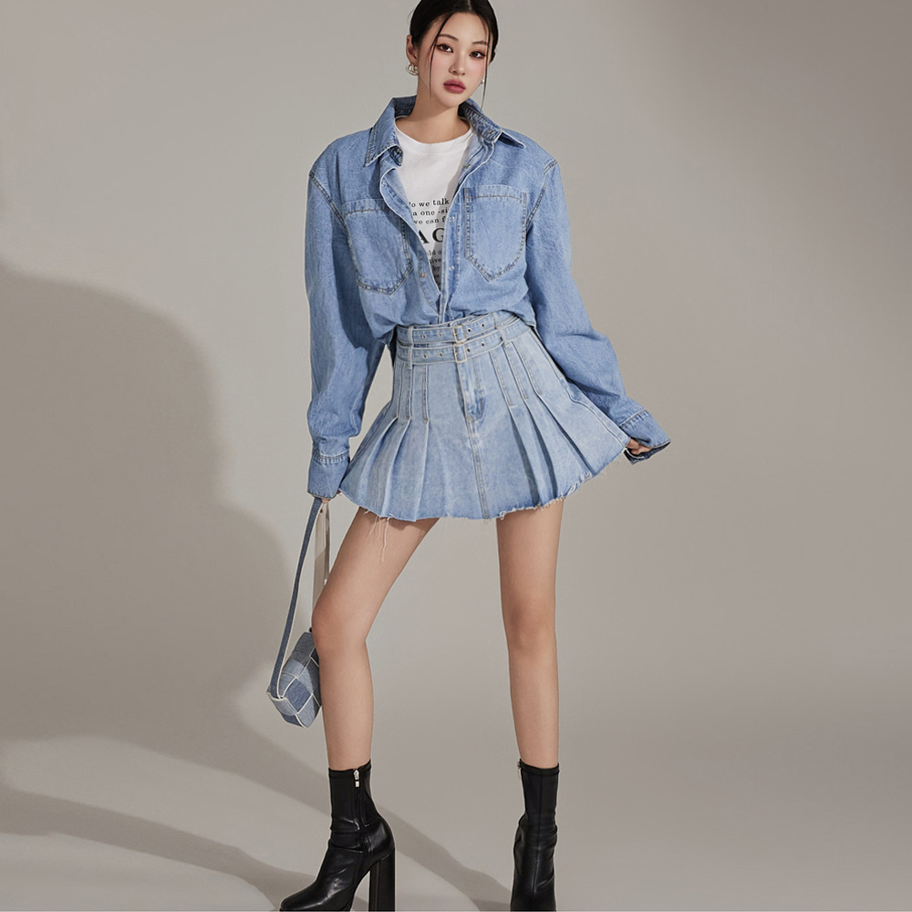 SK2666 Denim Pleats Mini Skirt (Belt set)<BR>*L size production* Korea