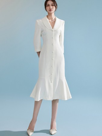 D3755 Collar Slim Frill Midi Dress Korea