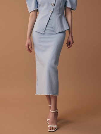 SK2480 Linen Denim Pearl Slim Midi Skirt Korea