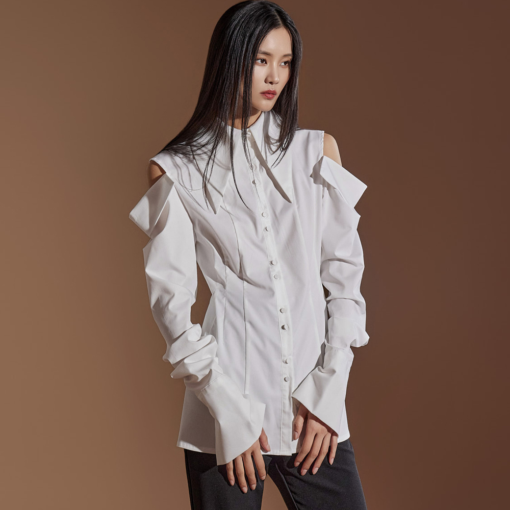 S9026 Shoulder Slit Pintuck Shirt Korea