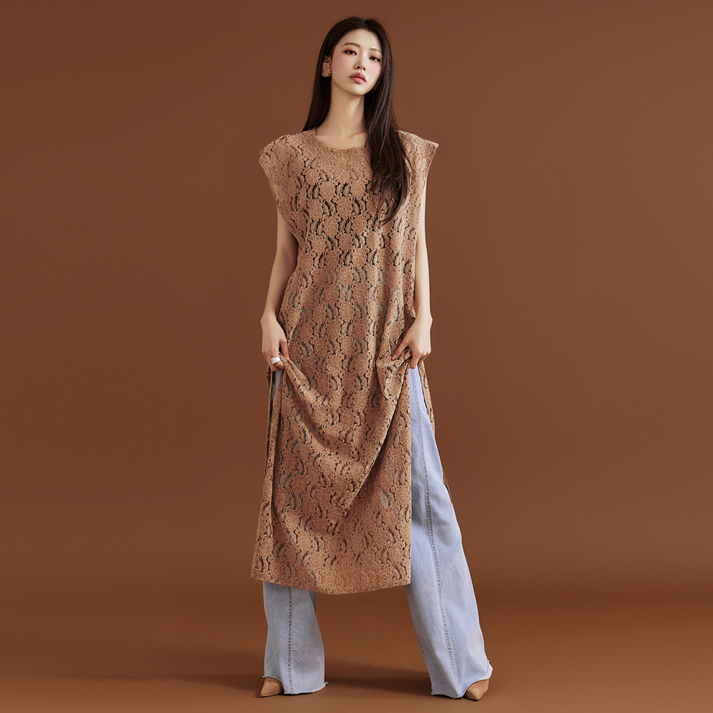 D4822 Velvet Lace Layered Long Dress Korea