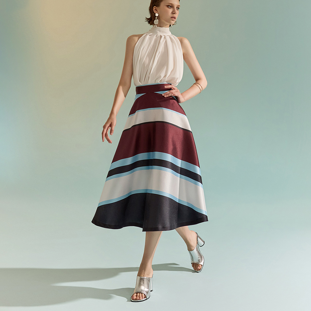 SK2509 Glossy Stripe Flare Midi Skirt Korea
