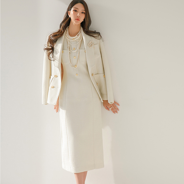 D4550 Tweed Sleeveless Midi Dress Korea