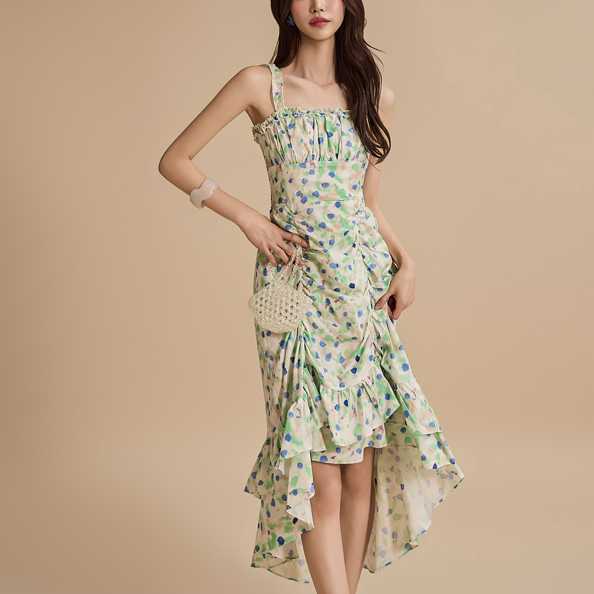 D5004 Dotted Shirring Dress Korea