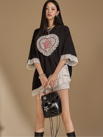 E3459 Lace and Heart Printed Top Korea