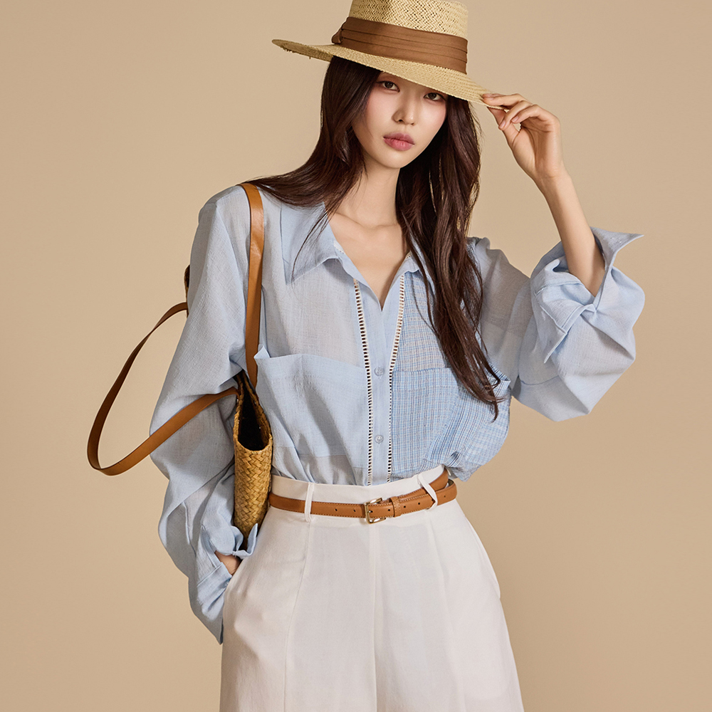 S647 Color Contrasting Sheer Shirt Korea