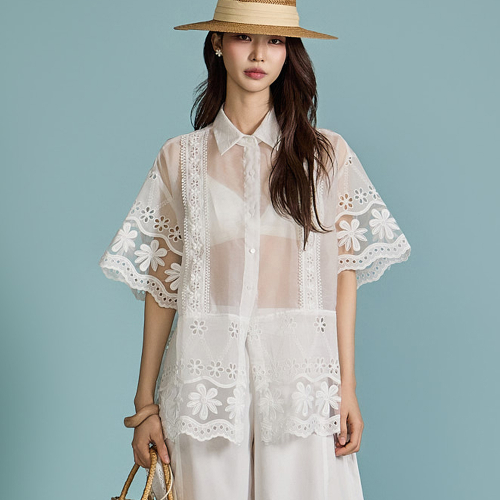 S651 Embroidered Sheer Shirt Korea