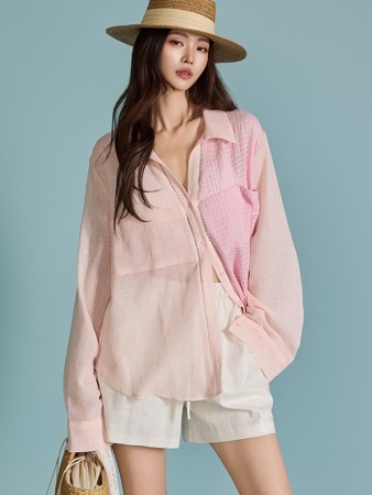 S647 Color Contrasting Sheer Shirt Korea