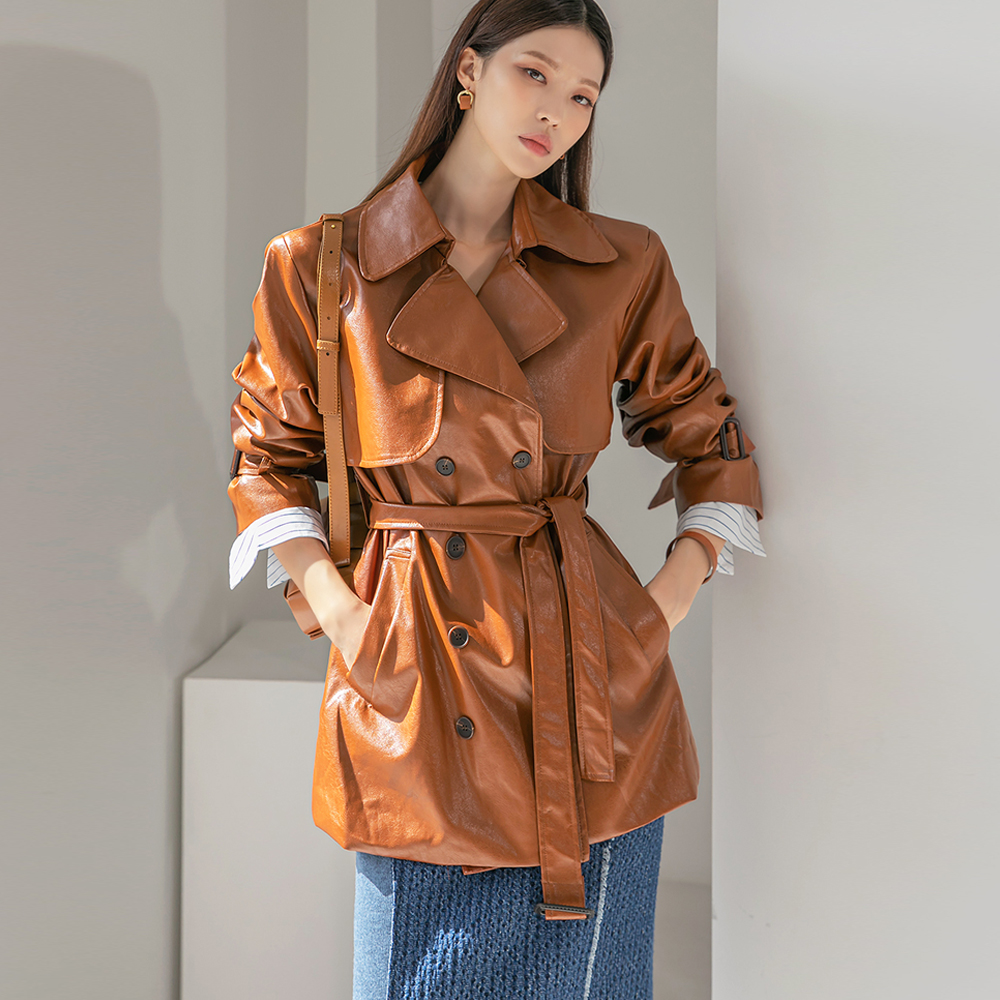 J1599 Belted Leather Trench Jacket Korea