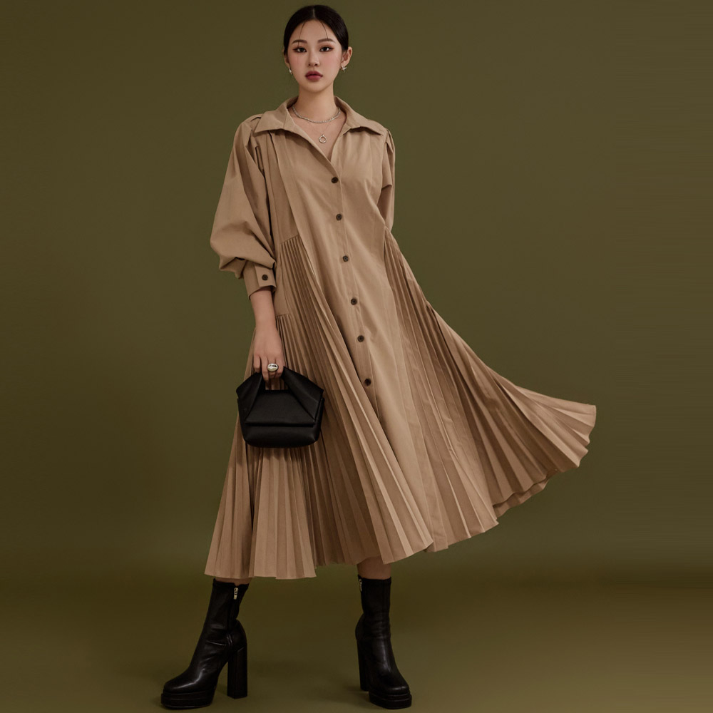 D4784 Pleated Shirt Midi Dress Korea